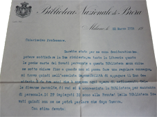Lettera dattiloscritta del capobibliotecario della Biblioteca Nazionale di Brera